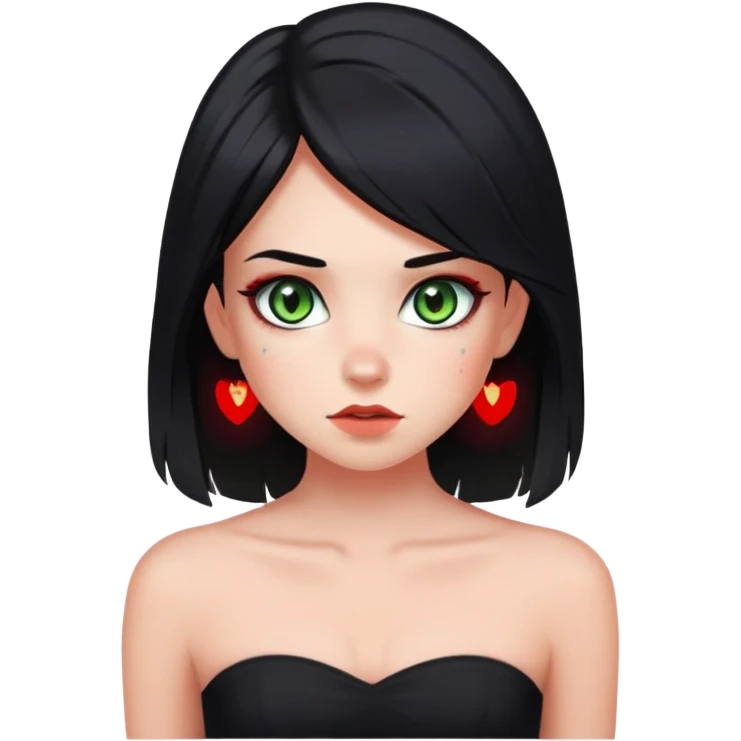 Girl with grey green eyes. Black hair with red perk-a-boo underlights and frontlights. Medium long hair. Black strapless crop top. Skinny face with birthmark under left cheek. emoji