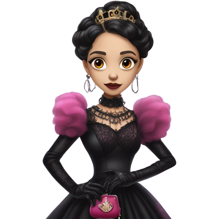provocatively flirty Lavish black evening gown with see-through gloves, Jenna Ortega as Addams woman prom queen wearing a steampunk mini tiara, very large blood  pink evil-looking horned old dragon purse emoji