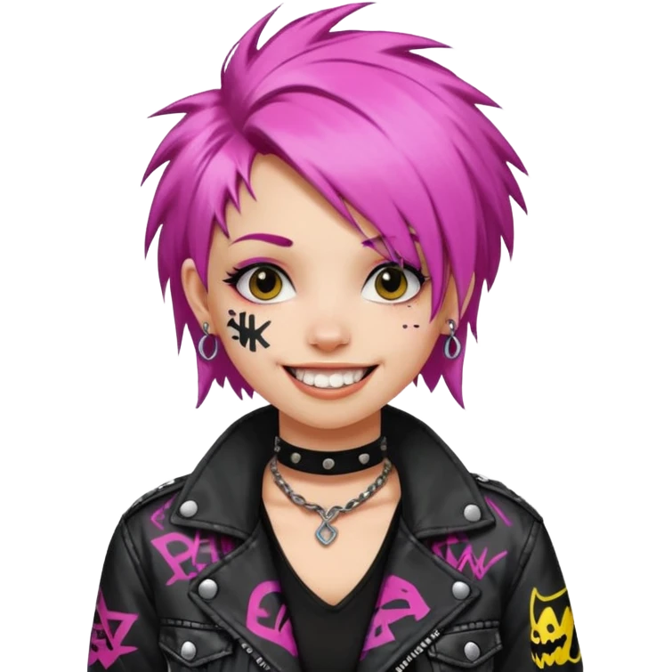 a punk girl with neck-length dyed hair and wear a punk graffiti jacket with black choker grin playfully  emoji