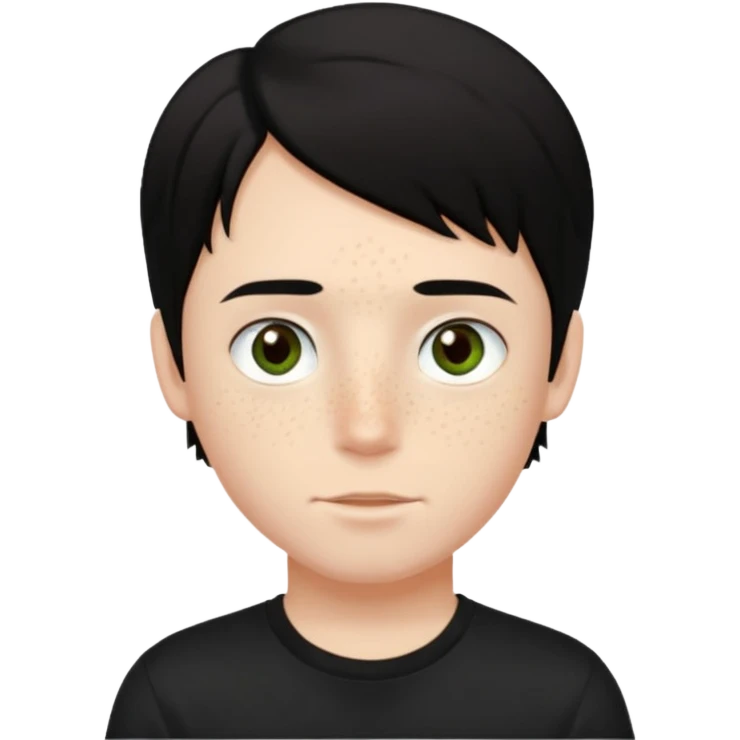 A boy with dark black hair and hazel green and brown eyes and white skin , with freckles and black t shirt with middle part hair hair with a center part emoji