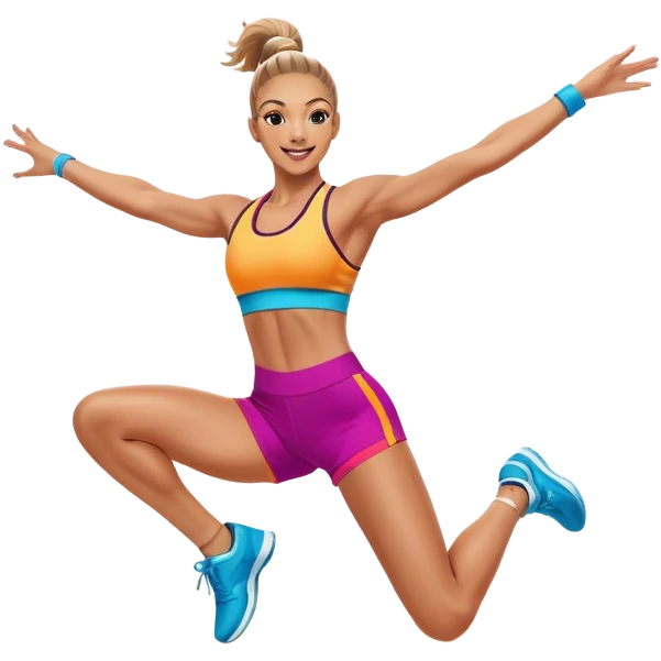 Professional aerobics performer mid-jump with arms extended, showcasing energy, flexibility, and coordination. The background features a vibrant gym setting with fitness equipment and bright colors, capturing the dynamic motion of aerobics. emoji