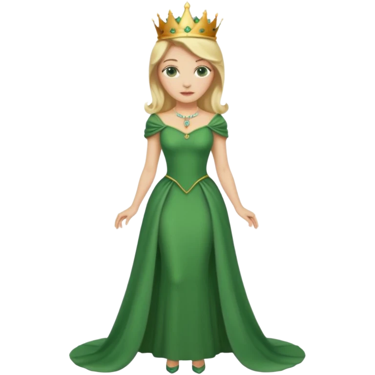 Queen, crown, blonde hair, green eyes, long green tight dress, whole Body, emoji