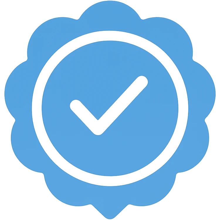 flat style Instagram verified badge, blue circle with white border and white check mark, no text, transparent background emoji