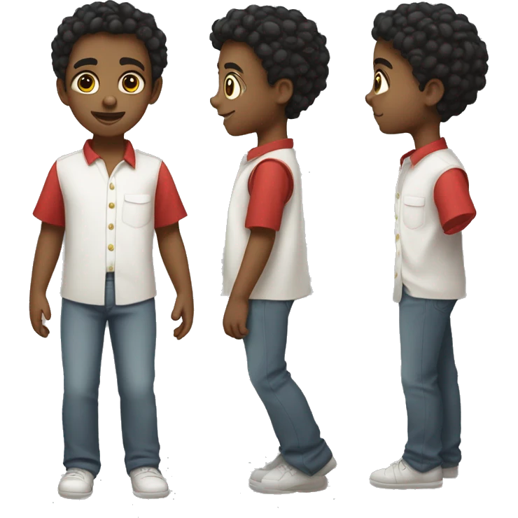 a young child with slightly curly black hair, red, round, but pointed eyes, and a white shirt and trousers emoji