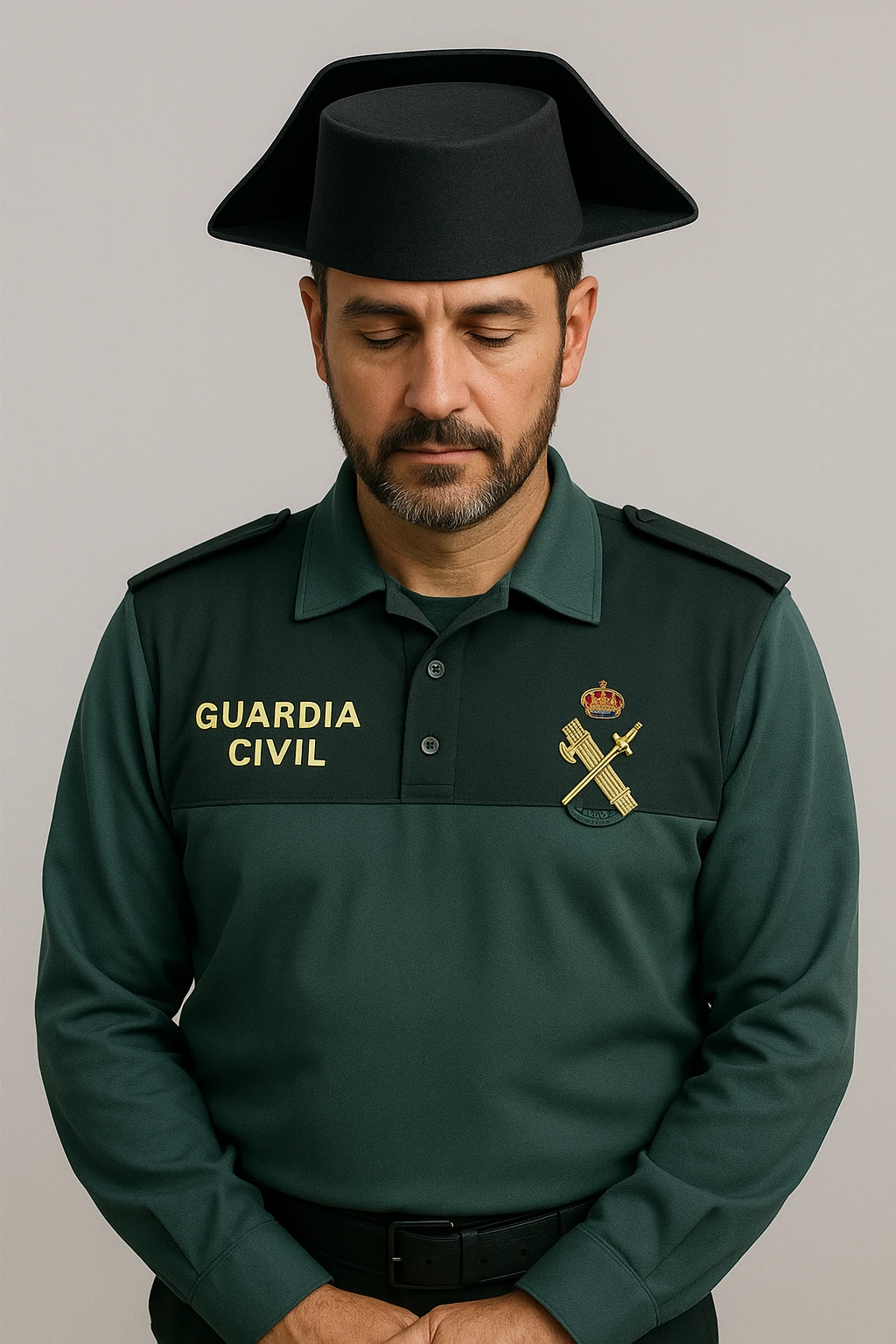 Guardia Civil officer in uniform, Spanish law enforcement, respectful, iconic hat, badge visible, simple background emoji