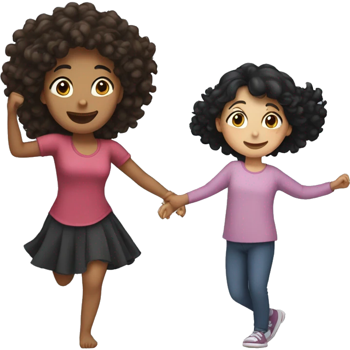 Girl with brown curly hair dancing with Mum with black hair emoji
