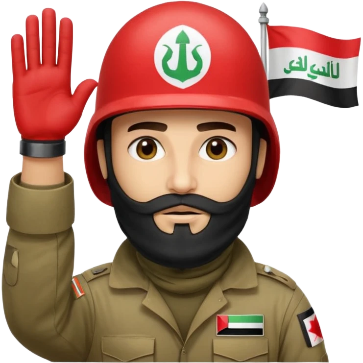surrenders, depicts an Iraqi soldier from 1980, with a beard, in a helmet, a helmet with sign flag Iraq, with a balaclava, with sad eyes and both hands raised up emoji