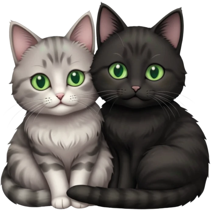 1 grey cat with pastal green eyes and 1 black with green eyes cat cuddling emoji