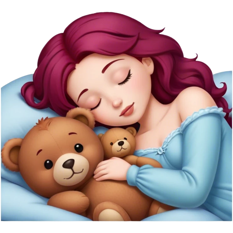 Beautiful Burgundy haired princess sleeping with teddy bear emoji