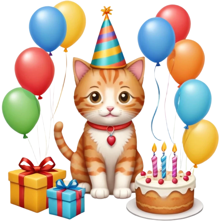 Ginger tabby kitten birthday, birthday hat, birthday cake, balloons, happy, gifts emoji