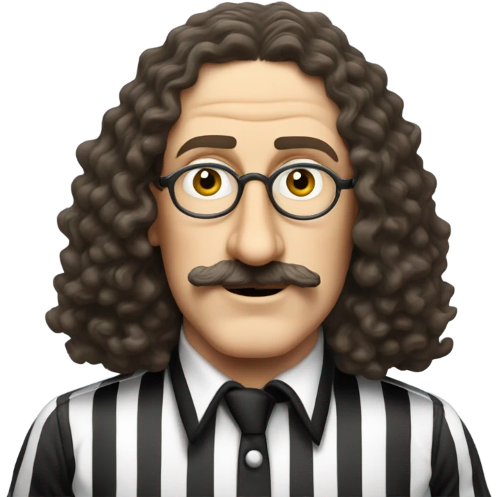 Weird Al Yankovic without wrinkles, and wearing a referee shirt and has a mustache emoji