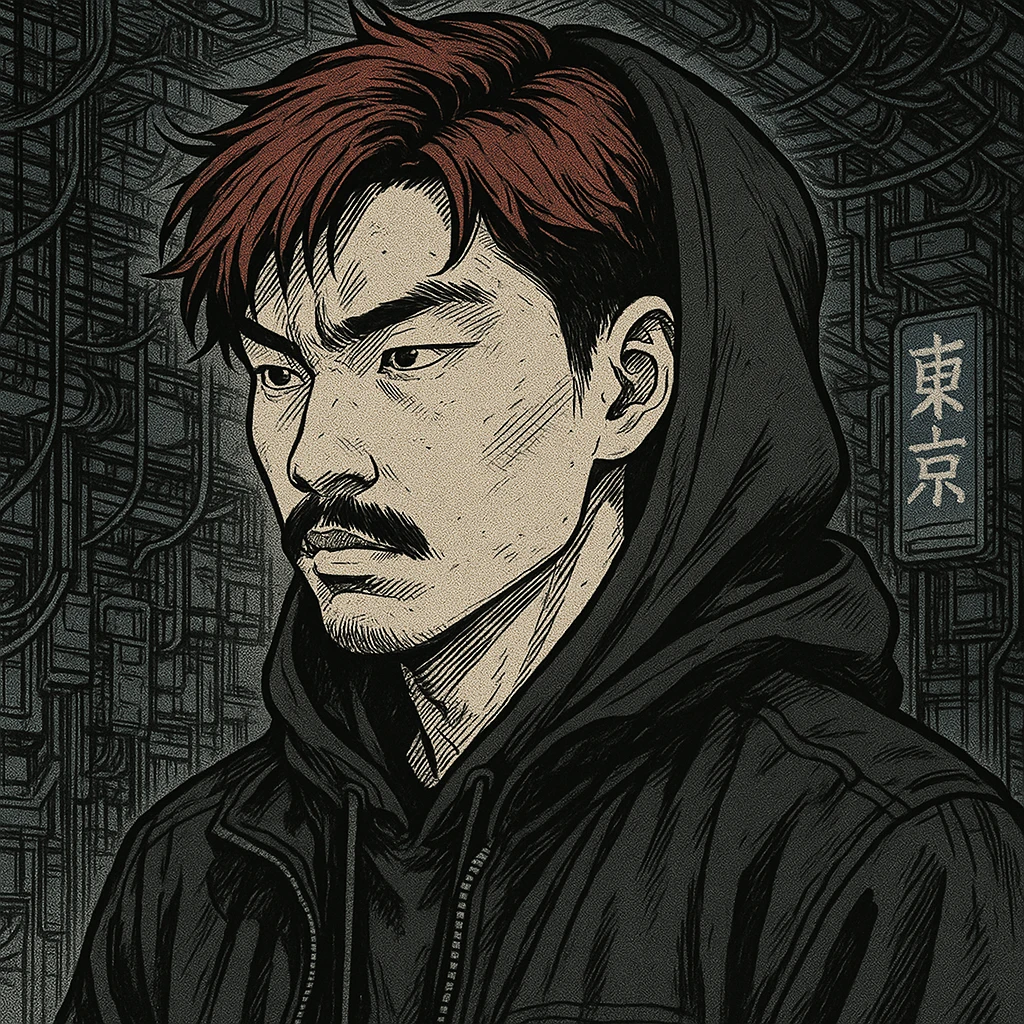 Asian man with black mustache, red hair, black hoodie, Japanese manga style inspired by Ghost in the Shell, cyberpunk atmosphere, detailed linework, monochrome with subtle color accents emoji