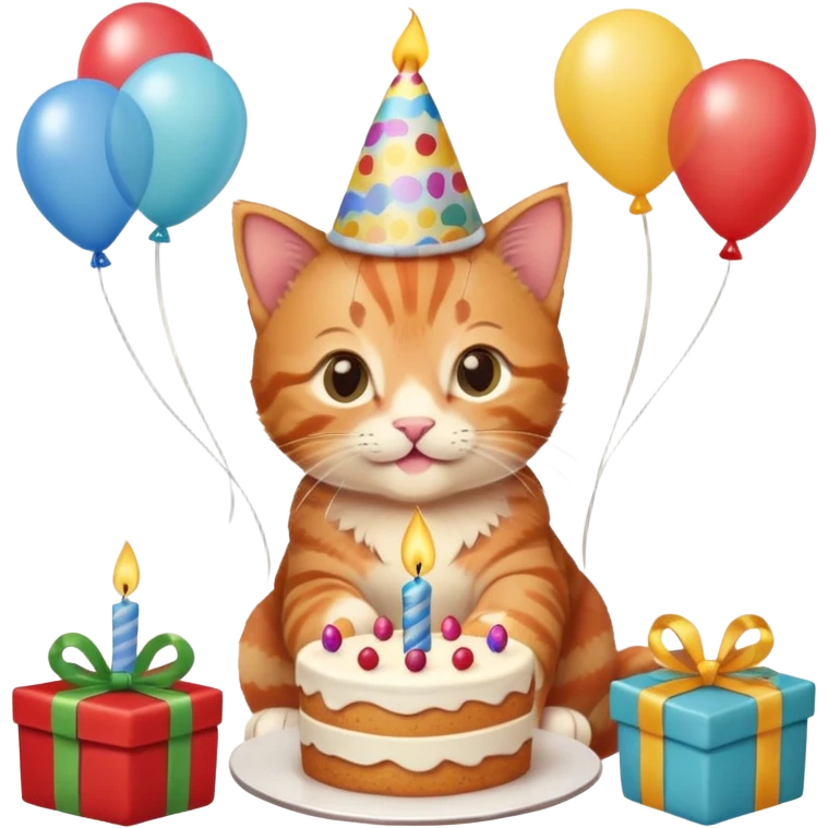 Ginger tabby kitten celebrates birthday, birthday hat, birthday cake, one candle, balloons, happy, gifts emoji