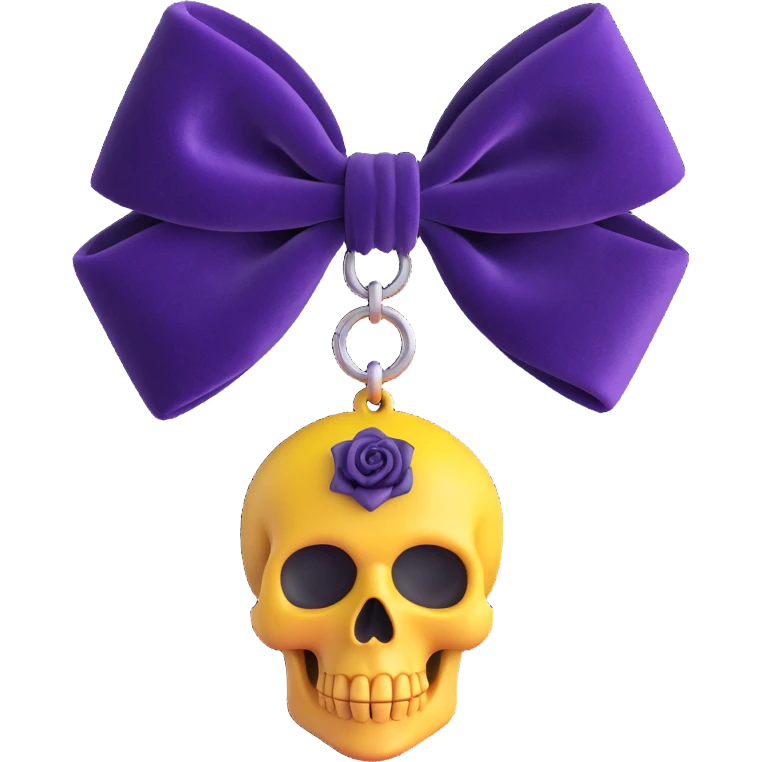 gothic bow, deep amethyst velvet, silver skull charm, black rose center, rich and gothic emoji