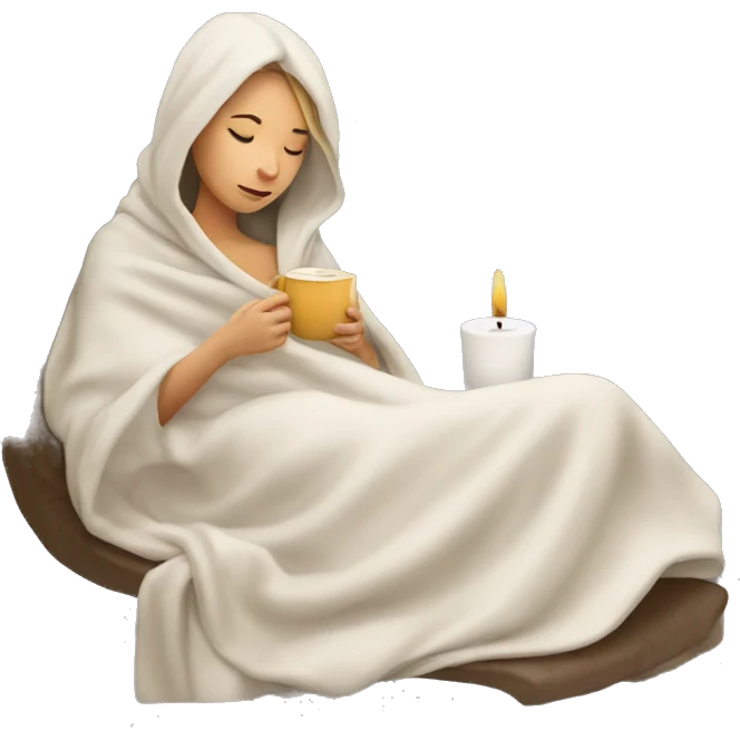 girl white inside a blanket sipping coffee eyes closed and candle emoji