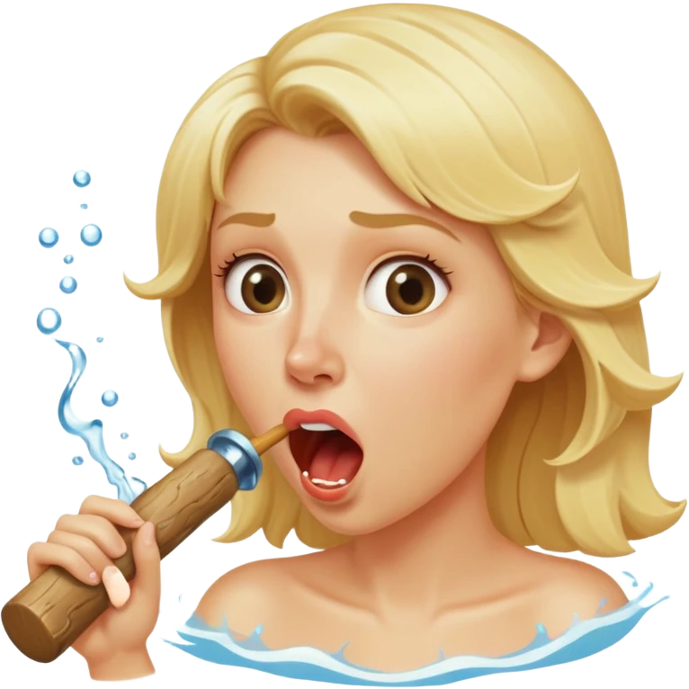 blond woman biting a wide stick with a D-shaped knob, both the same color as her skin, the knob has visible skin texture, water jet shooting from the flat side of the knob into her mouth, surprised look emoji