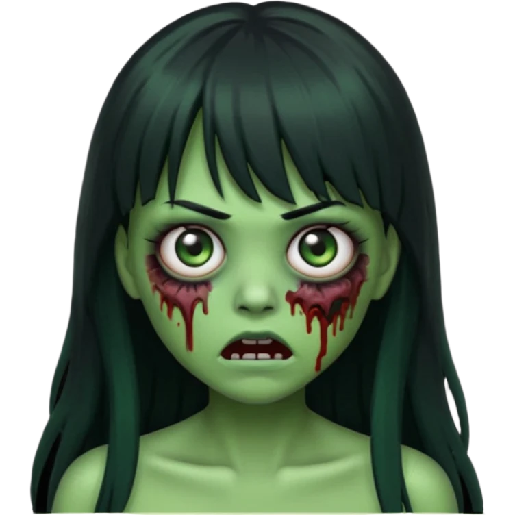 scary zombie emoji, green skin, long black hair with bangs, wide eyes emoji