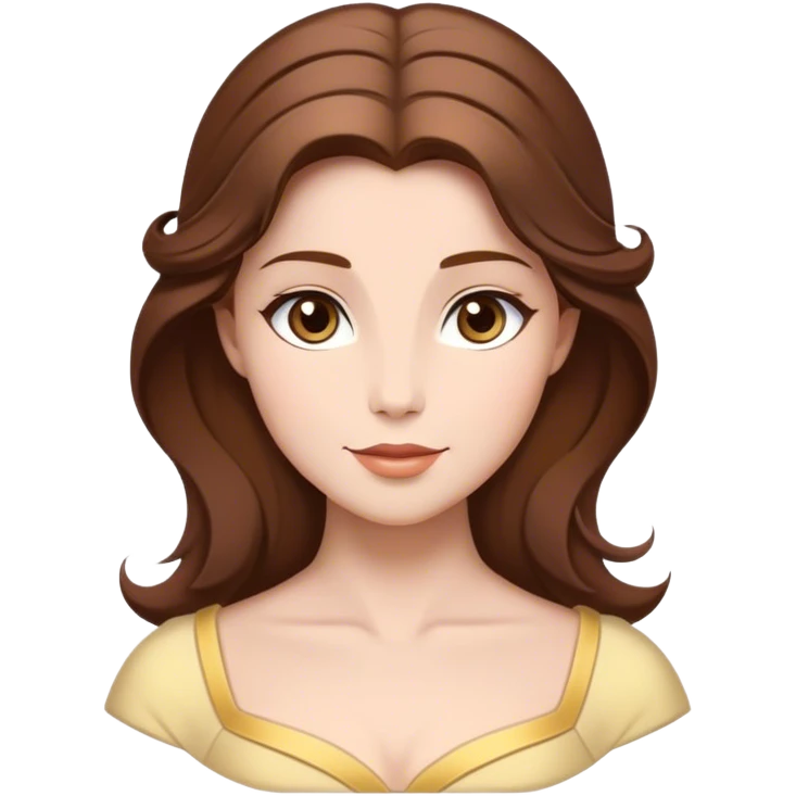 Cinematic Timeless Belle Portrait Emoji, rendered in a clean, vector style. Depict Belle with fair, luminous skin, beautifully arranged brown hair, and a serene, graceful expression, dressed in her classic attire. The design features bold, simplified shapes, a soft, enchanting glow, and a subtle glowing outline, capturing the essence of pure, timeless beauty. emoji