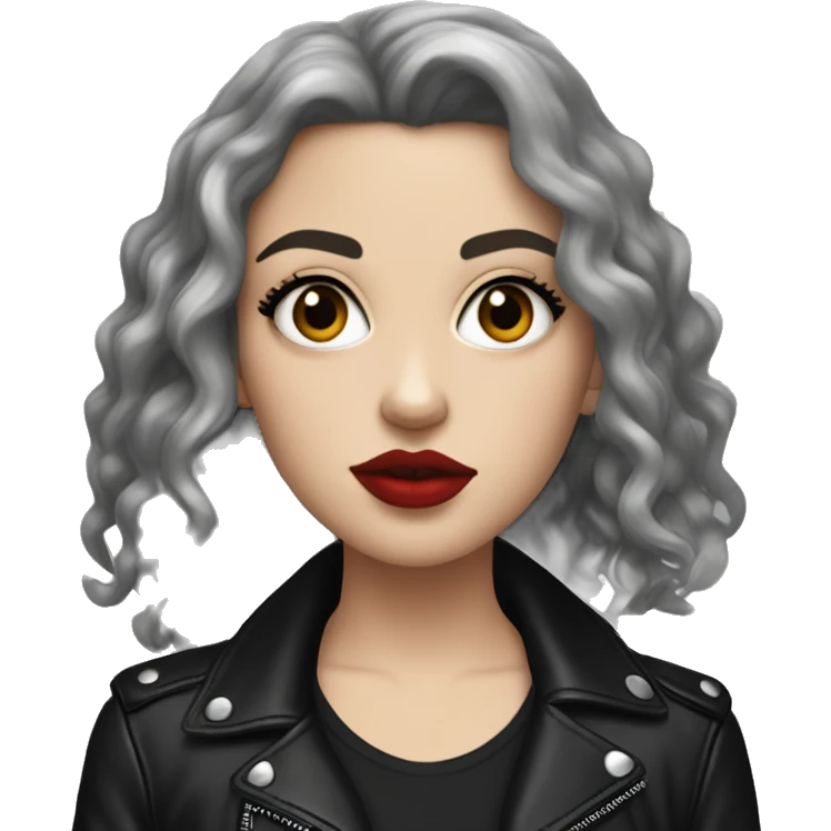 White girl, with long curly black hair, with red lipstick, black winged eyeliner, wearing black shirt and black leather jacket shrugging her shoulders emoji