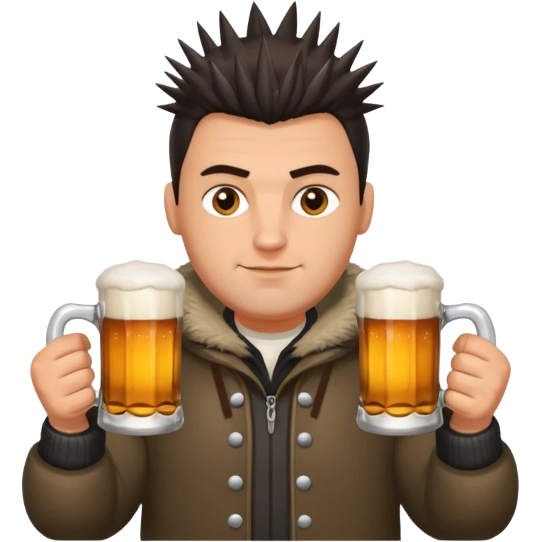 big slavic guy sitting in yoga pose, spiky short dark hair, holding beer mugs in two hands, winter dressed emoji
