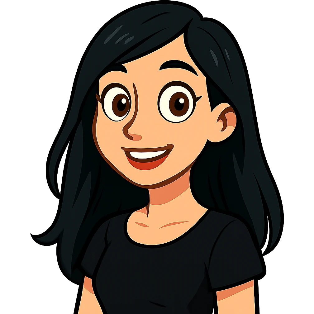 vibrant toon style white woman with rounded brown eyes, long black hair, black blouse emoji