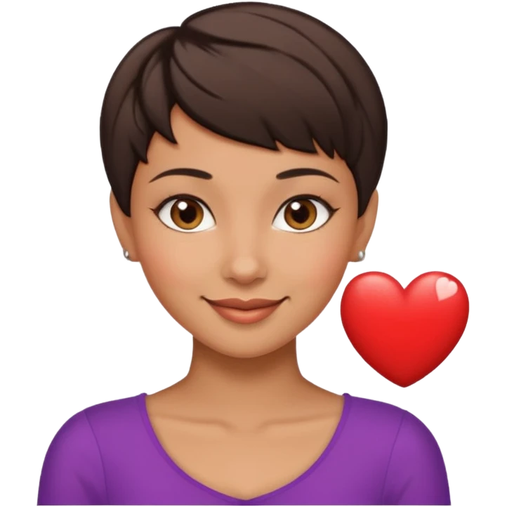 woman pixie cut dark brown hair, tan skin, brown almond eyes, heart shaped face emoji