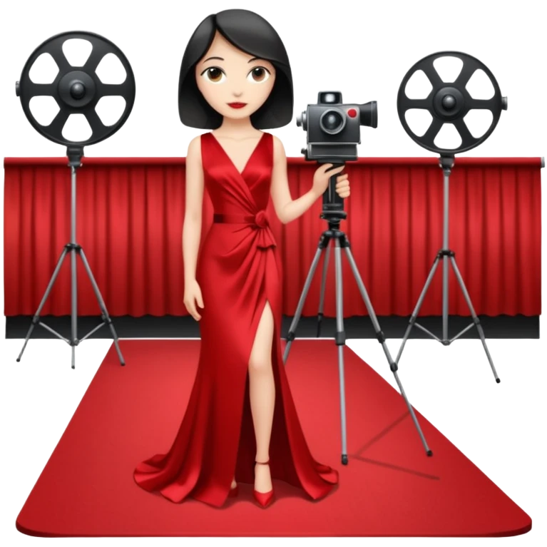 an actress standing on a red carpet with a formal dress, with only one movie camera on a tripod next to her. emoji