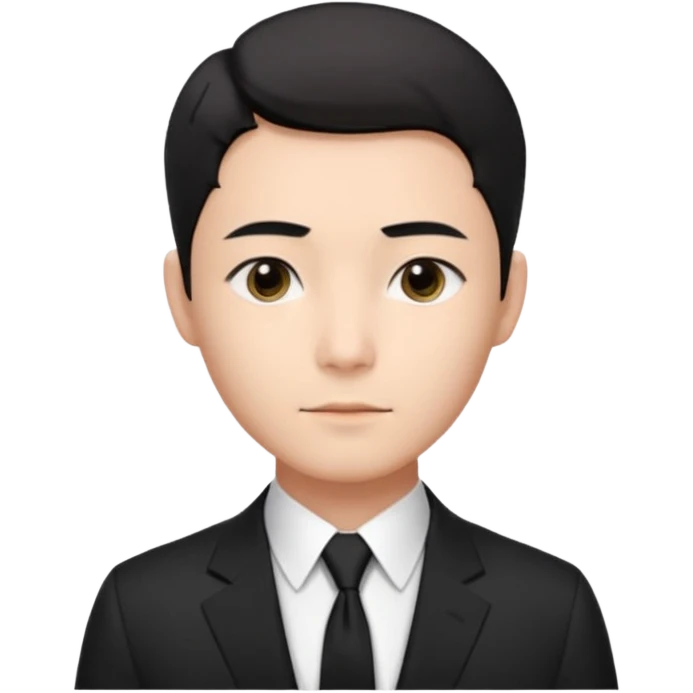 Korean male, clean studio portrait, short black hair with soft middle part,
natural skin tone, neat eyebrows, calm expression,
wearing a black suit, white shirt, black tie,
passport photo style, front facing, realistic, clean background emoji