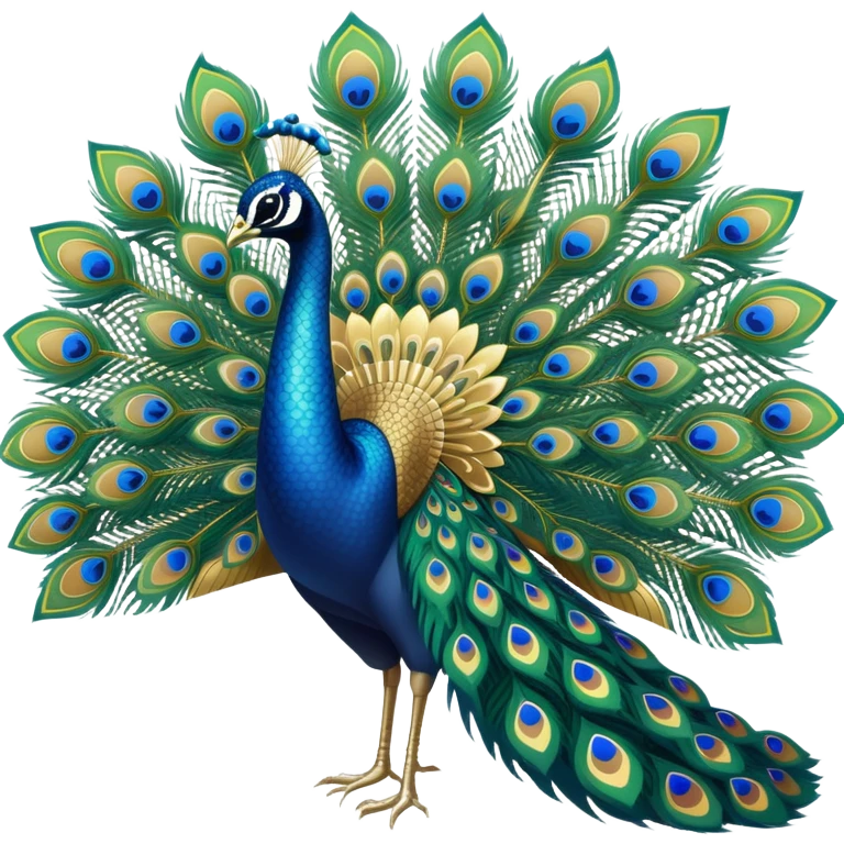 A colorful peacock with a large, fan-like tail displaying vibrant shades of blue, green, and gold. Its elegant feathers are spread in a beautiful display, showcasing intricate patterns emoji