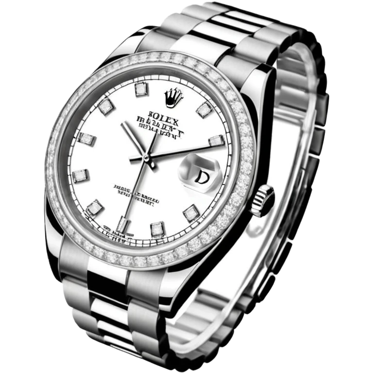 Crie um emoji com essas especificações: Um Rolex Datejust "Iced Out" prateado, totalmente coberto por diamantes na caixa, luneta e com diamantes na pulseira Jubilee. O mostrador possui fundo cravejado com diamantes (pavé), algarismos romanos pretos e lente de aumento na data. emoji