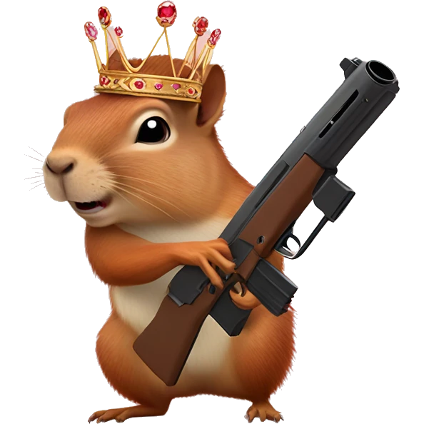Squirrel with a tiara riding a capybara while shooting hearts out of a gun emoji