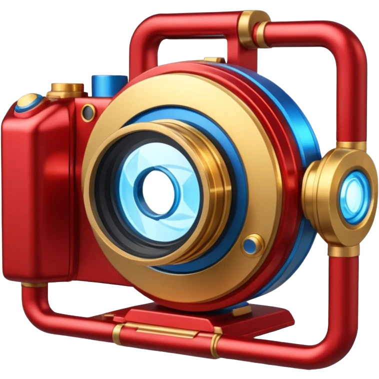 🎬🤖 Create a video project icon inspired by Iron Man: a sleek film camera with metallic red and gold accents, glowing with blue arc reactor energy. emoji
