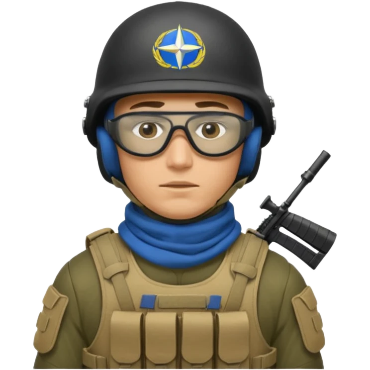 Ukrainian Intelligance agency warrior man in platecarrier with nato riffle in helmet, balaclava, poncho and ballistic glasses emoji