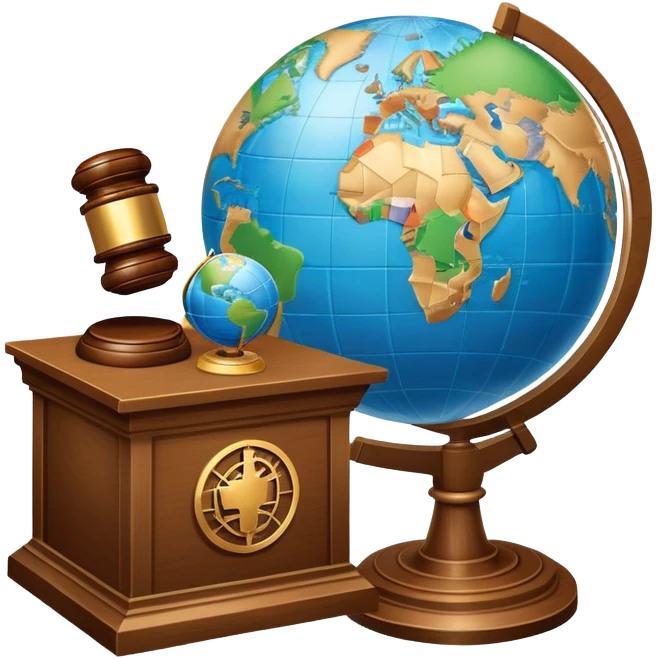 An icon featuring a globe with a gavel and a political map, symbolizing political science. The design includes a ballot box and a podium, representing democracy and governance. Transparent background highlights the study of political systems and global relations. emoji