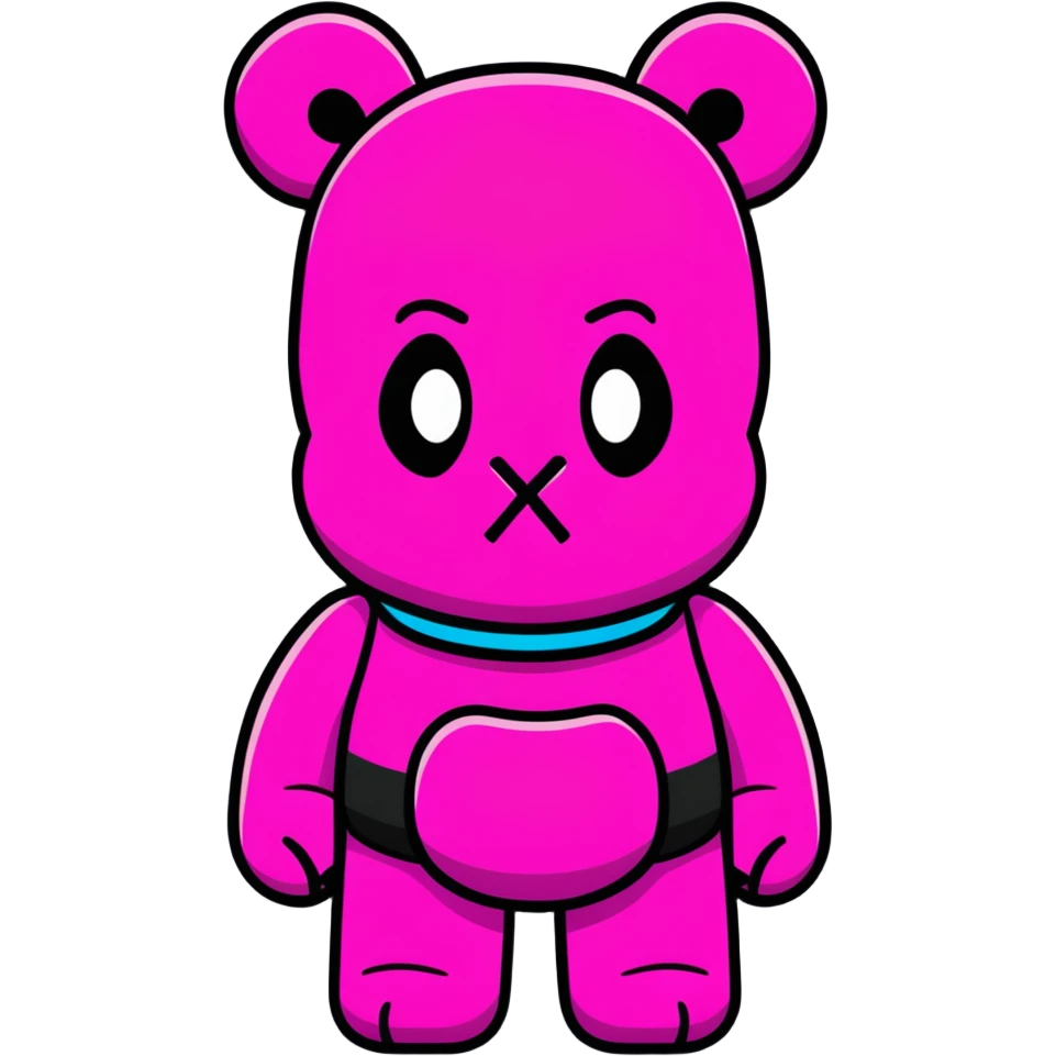 Bearbrick figure with classic KAWS crossed-out X eyes wearing a bright pink balaclava, colorful bear-shaped collectible toy emoji