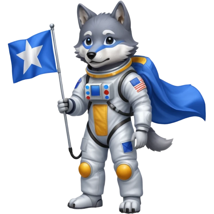 a wolf in space suit, holding blue rectangle flag, full body emoji