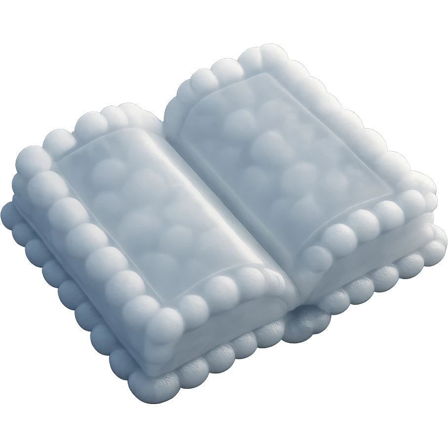 top view of a thick open book made entirely of small, very bright white fluffy convex clouds, matte glass style emoji