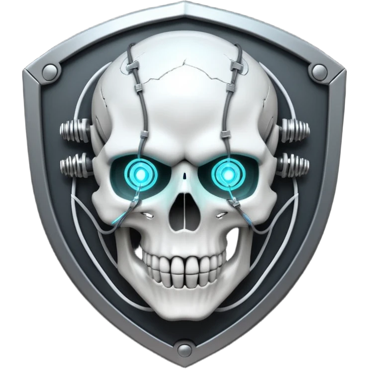 Cyberpunk shield, skull with cybernetic implants, glowing wires, dark white and white tones, no background emoji