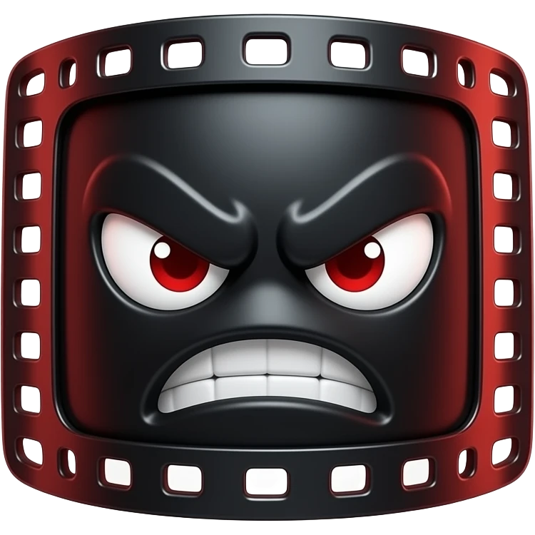 dramatic cinematic mascot, film strip character design, black red white contrast lighting, smoky background, cinematic shadows, luxury movie brand style, intense mood, high detail 3D render, premium finish emoji