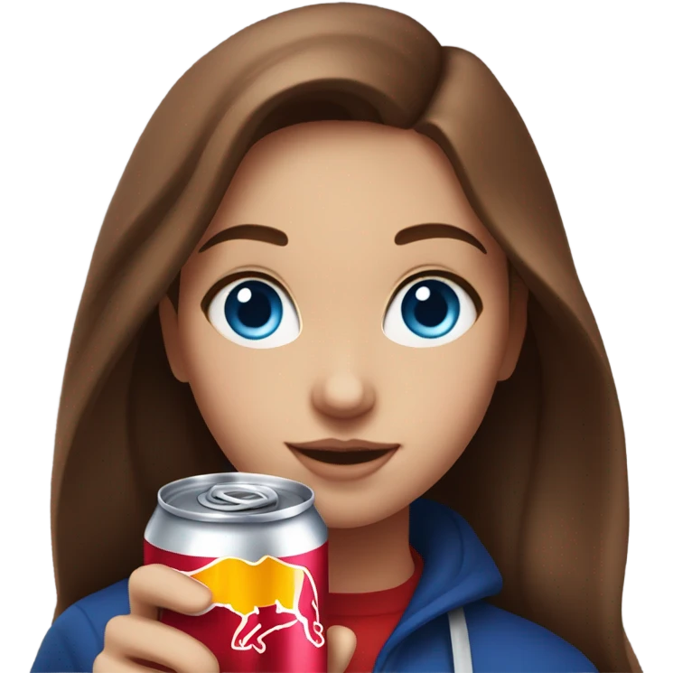 Girl with blue eyes and long brown hair holding Red Bull drink emoji