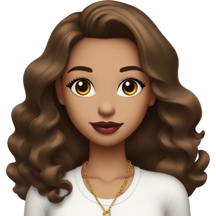 Girl with brown cateyes and a fair skin tone long eyelashes with long dark brown hair in a side parting in a wavy/blowout effect style wearing white scoop neck top and wearing a gold necklace and has plump pink glossy lips emoji