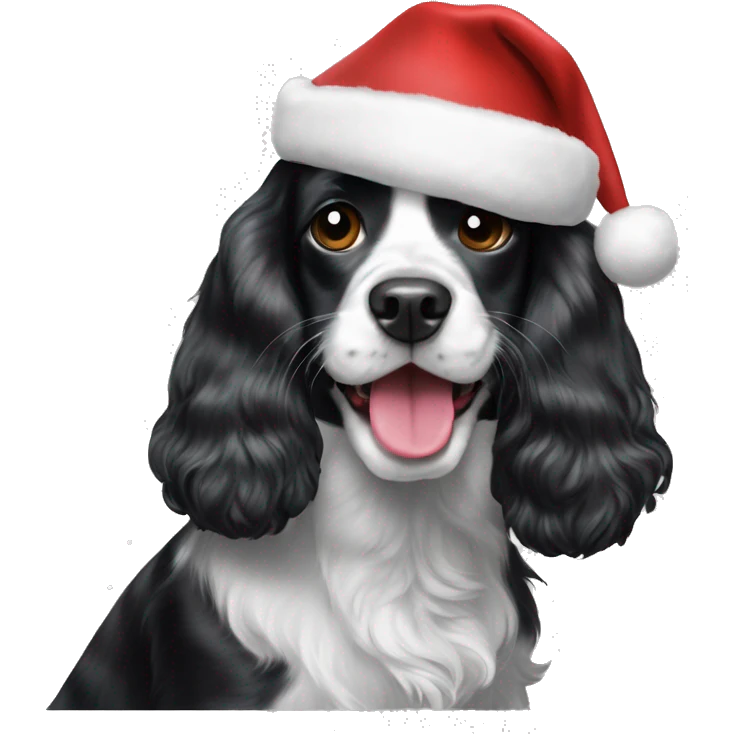 Black and white cocker spaniel with Christmas hat tongue out emoji