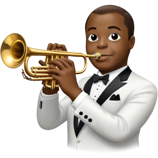 Icon for Jazz Music: Louis Armstrong with his trumpet in front of a jazz orchestra. Include musical instruments like a saxophone, trumpet, and piano, with floating musical notes around. The design should capture the smooth and soulful vibe of jazz. Transparent background. emoji