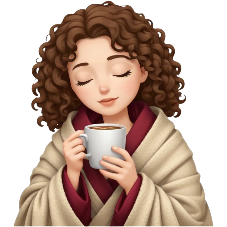 White girl with curly brunette hair wrapped in a cozy blanket sipping coffee with eyes closed peacefully emoji