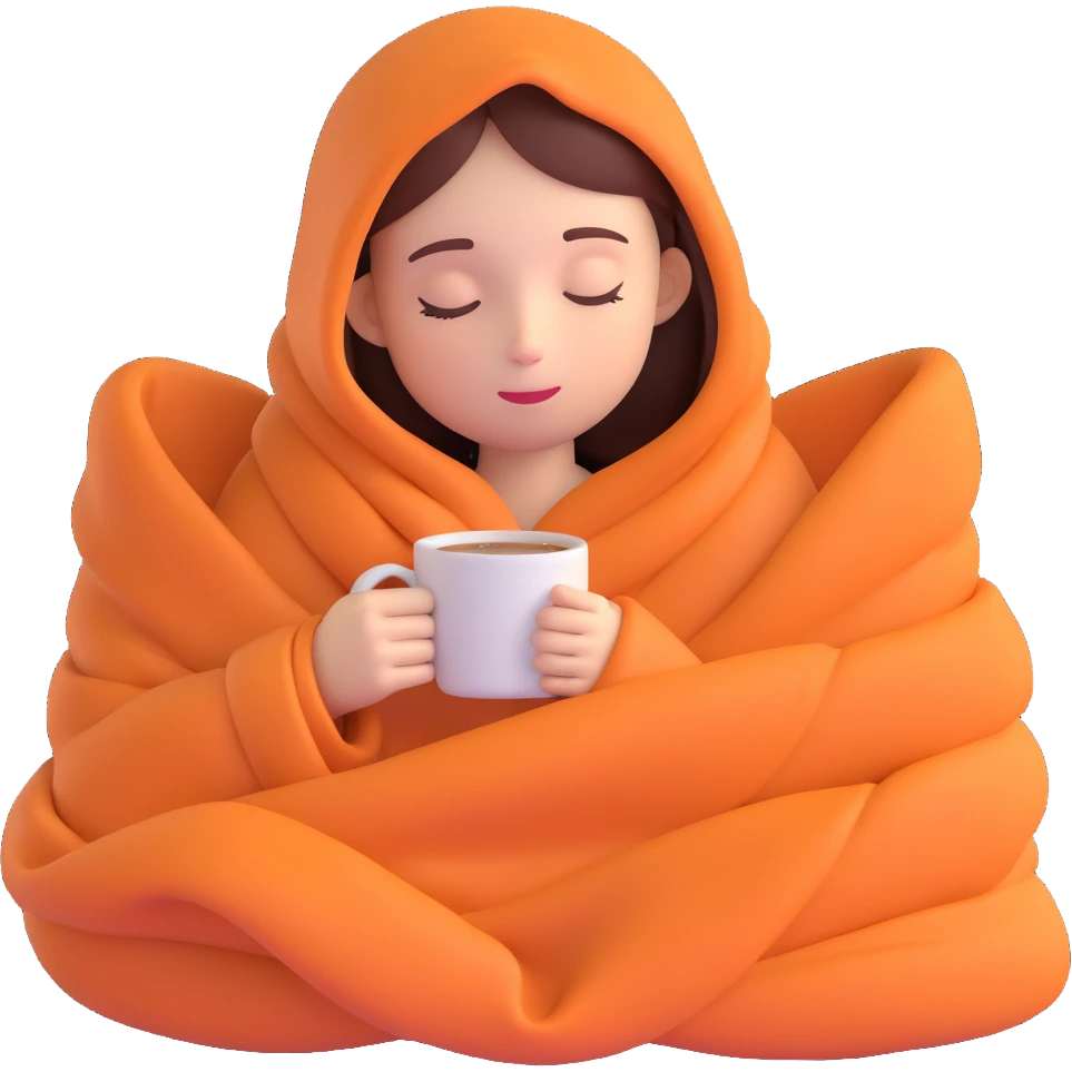 girl inside a blanket sipping coffee, eyes closed, style 4 emoji