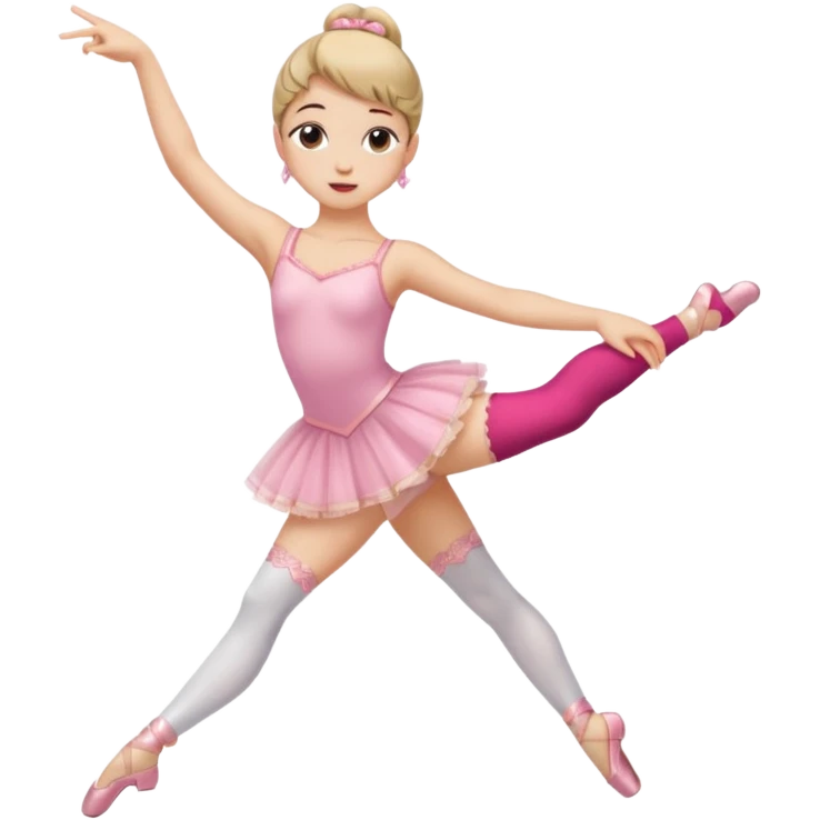 Una chica con vestuario de bailarina con las piernas flexionadas, el dedo índice en la boca, el tren superior inclinado hacia la izquierda y con la cadera proyectada hacia la izquierda emoji