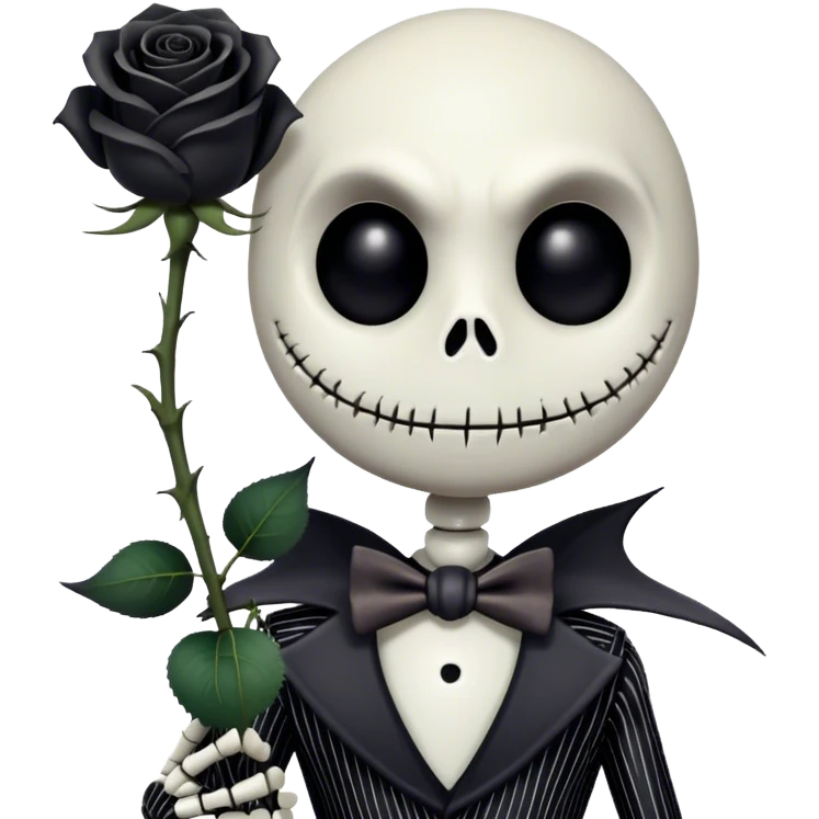 Cinematic 3D ultra realistic 32K HD image of Jack skellington holding a black rose, stunning detail as though captured in a timeless photograph, rich textures, visually rich, so lifelike that it feels like it could leap off the page at any moment emoji