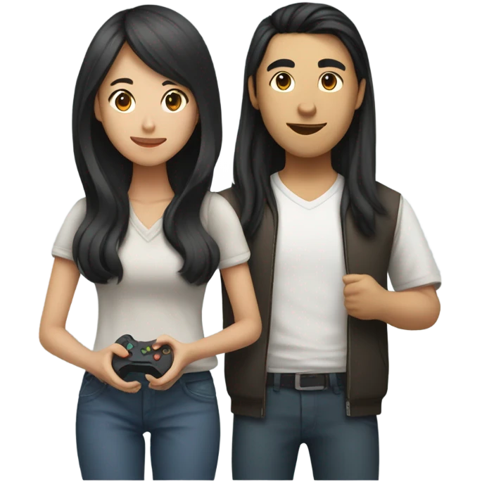Asian female with long hair and Asian male playing video games emoji