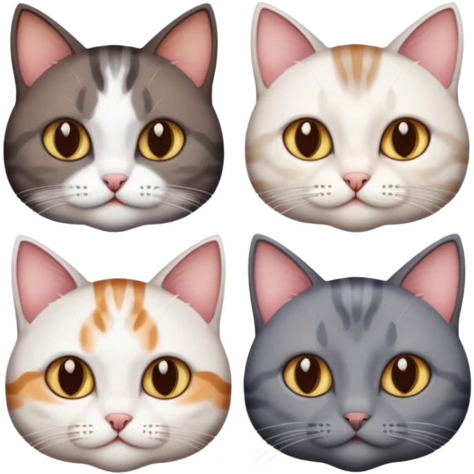 4 different coloured short haired cats including; a dark brown tabby and white cat, and a dark grey and white  emoji