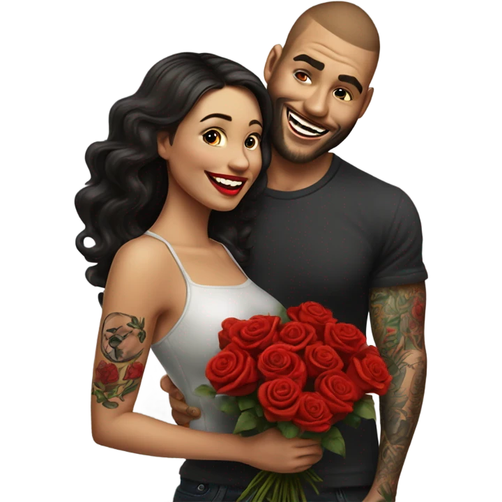 Hyper Realistic beautiful woman smells bouquet of bright red roses laughing with handsome tattooed man  emoji